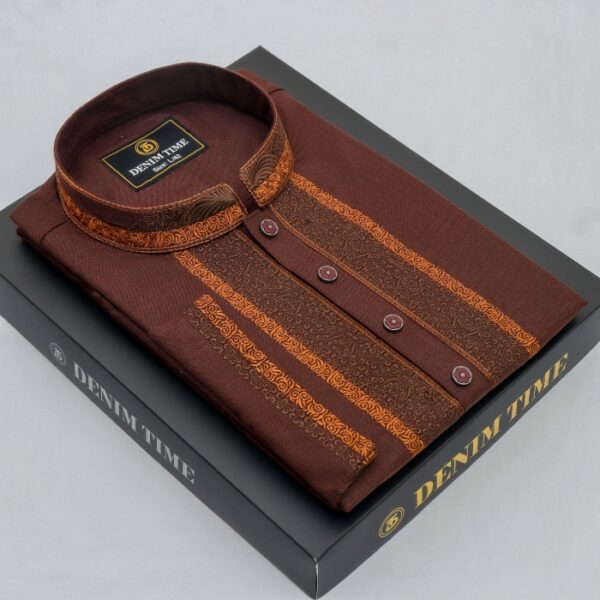 Deep Coffee Color Embroidered Cotton Solid Panjabi