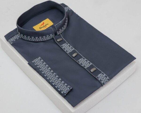 Bright Grey Color Embroidered Cotton Solid Panjabi