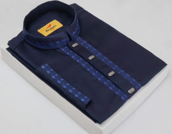 Dark Navy Simple Embroidered Cotton Solid Panjabi