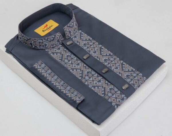 Light Grey Color Embroidered Cotton Solid Panjabi