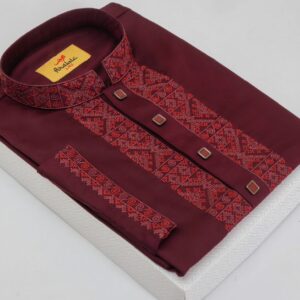 Wine Berry Color Embroidered Cotton Solid Panjabi