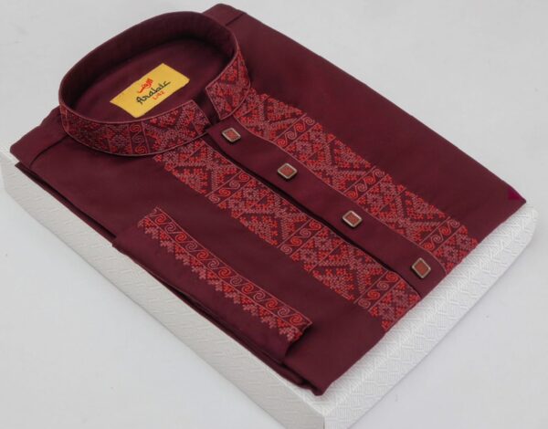 Wine Berry Color Embroidered Cotton Solid Panjabi